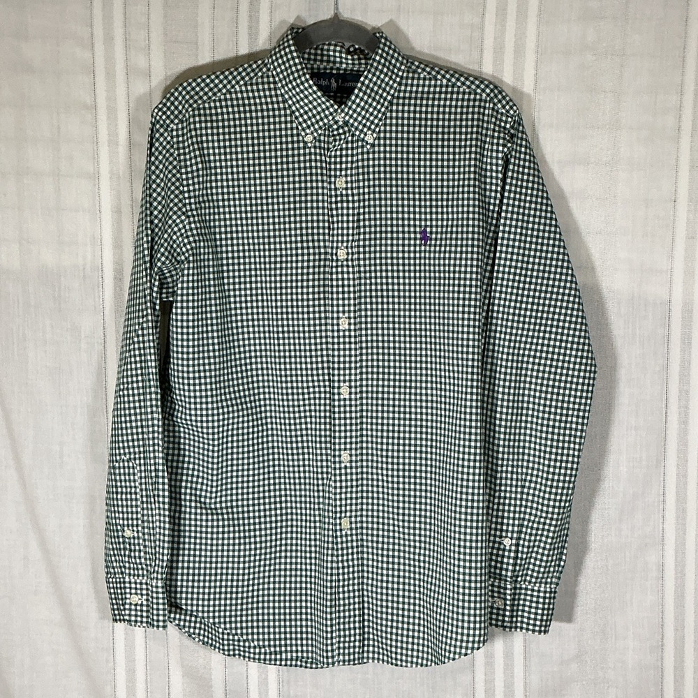 Ralph Lauren Button Down Shirt Green White Gingham Oxford Pony Logo Medium